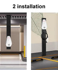 Heavy Duty EV Charger Holder Box Waterproof Outdoor Steel Cord Organizer Rack Stand Black, shown in two installation settings.