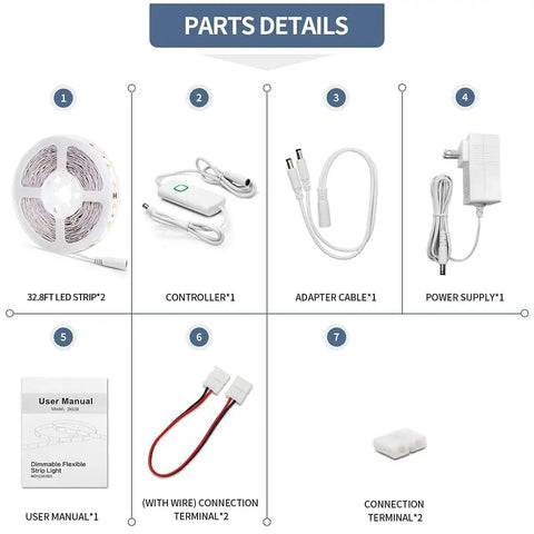 65.6ft Warm White LED Strip Lights Kit parts including dimmable 24V power supply, controller, cables, connectors, and user manual