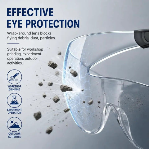30 Pack Clear Safety Glasses Wrap Around Eye Protection, showing lens blocking debris, ideal for workshop and outdoor use.