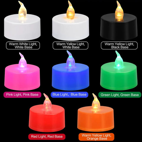 LED Tea Lights Battery Operated Pack Of 12 24 50 100 200 400 Flickering Warm White Realistic Candlelight shown in various colors