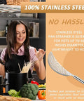 Woman using 2 Pack Stainless Steel Pot Strainer Set With Safe Handles For Hands Free Drainage, kitchen countertop with vegetables