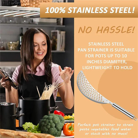 Woman using 2 Pack Stainless Steel Pot Strainer Set With Safe Handles For Hands Free Drainage, kitchen countertop with vegetables