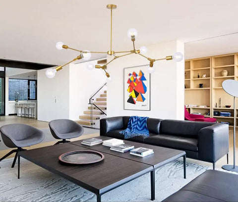 Gold 9 Light Sputnik Chandelier Modern Metal Ceiling Hanging Light Adjustable Pendant Fixture For Living Room Bedroom Kitchen Island Foyer Vintage Style Statement Lighting installed in modern living room.