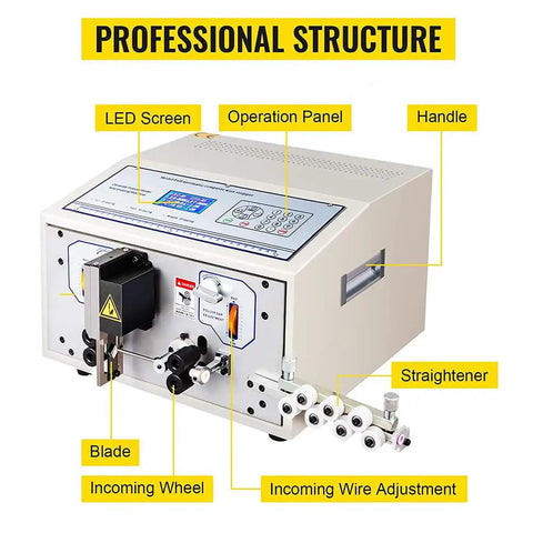 Fully Automatic Wire Cutting Stripping Peeling Machine With Microcomputer Control, labeled parts, LED screen, operation panel.