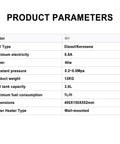 Product parameters for Overland Crew Approved Diesel Tankless Water Heater With LED Digital Display And Constant Temp Controls For RV Camper Outdoors.