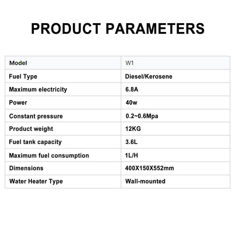 No Fuss Diesel Tankless Water Heater Serving Up Instant Warm Water For Road Trips And Camping specifications table with fuel type and dimensions.