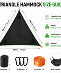 Outdoor Triangular Hammock With Mesh Nylon, Portable 3 Point Design, 280 cm per side, with size guide, storage bag, and accessories