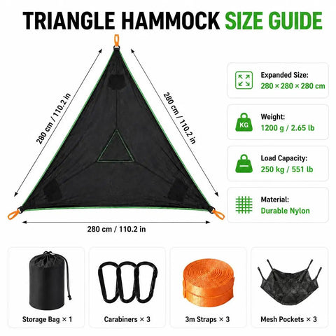 Outdoor Triangular Hammock With Mesh Nylon, Portable 3 Point Design, 280 cm per side, with size guide, storage bag, and accessories