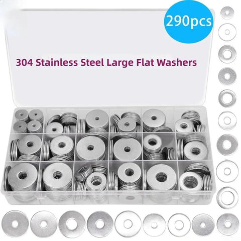 304 Stainless Steel Flat Washers Kit With 290 Pieces From M3 To M8 In A Heavy Duty Storage Box For Automotive And Home Repairs