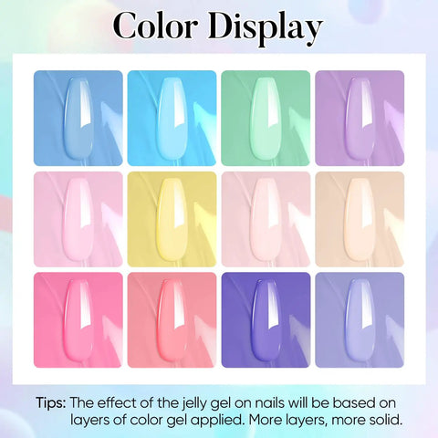 12-color display of Pastel Gel Nail Polish Set 12pcs Vegan Cruelty Free Soak Off UV LED Cure Nail Art Kit showing various pastel shades