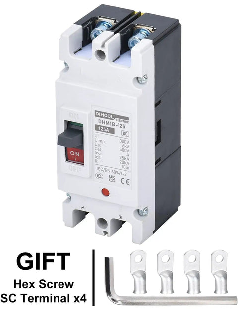 Heavy Duty 125 Amp DC Circuit Breaker And Battery Disconnect Switch For Solar Systems And UPS featuring thermal magnetic trip and hex screw terminals.