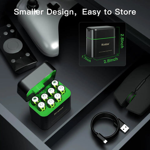 Top Shelf AA Rechargeable Lithium Batteries 3700Mah 8 Pack With Rapid Dock Charging Case displayed in a storage drawer.