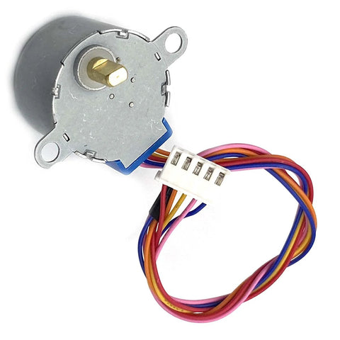 Front view of a 28BYJ-48 5V DC stepper motor with multicolor 6-wire lead and white connector