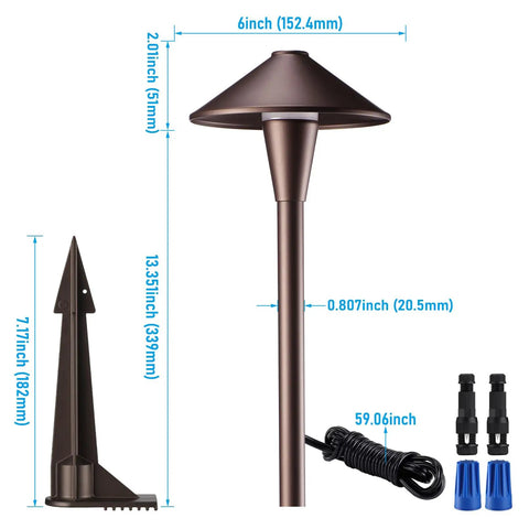Low Voltage LED Landscape Path Lights 12 24V AC DC IP65 Outdoor Walkway Lights Oil Rubbed Bronze Flat Cone Head 6 Pack dimensions