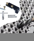 Top Shelf Aluminum Extrusion Tap Guide With Universal Multi Size Adapter For Precision Thread Tapping and Drill Jig Alignment shown with drill bit and alignment tool.