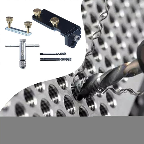 Top Shelf Aluminum Extrusion Tap Guide With Universal Multi Size Adapter For Precision Thread Tapping and Drill Jig Alignment shown with drill bit and alignment tool.