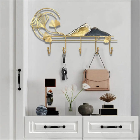 Heavy Duty Wall Mount Coat Rack With Five Slick Metal Hooks Top Shelf Entryway Organizer For Jackets Hats And Scarves Modern Closet Storage Solution Smooth Setup with stylish gold accents.