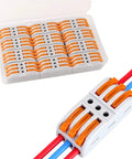Premium SPL-3 Lever Nut Wire Connectors Set, 12 Pack, displayed in open case and wired example, 3 Way 6 Port Compact Splice Connectors