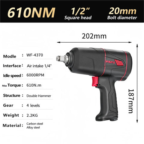 Shop Grade Impact Pneumatic Wrench Delivers Serious Torque And Knockout Punch For Garage Pros Managing 610 Nm Twists At 7000 Rpm On Heavy Duty Job Site Assignments Any Weekend Warrior, featuring a 202mm length and 1/2" square head.