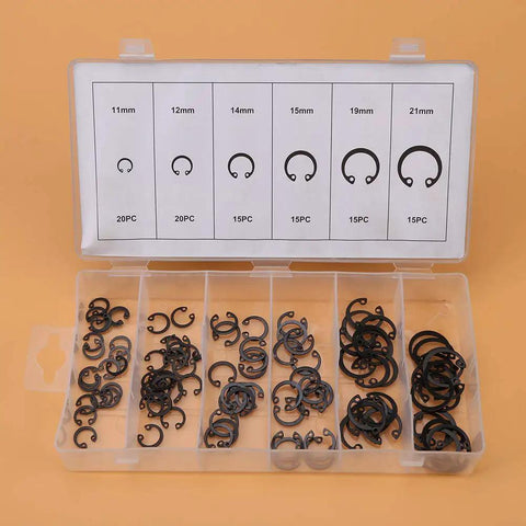 Six Size C Clips Snap Ring Assortment Kit 11mm To 21mm in durable metal with box, used for dowel pins and shaft grooves.