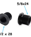 Thread adapters, black steel, 1/2x28 to 5/8x24, two-pack (front and side views)