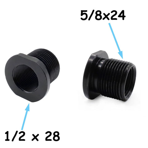 Thread adapters, black steel, 1/2x28 to 5/8x24, two-pack (front and side views)