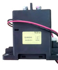 Heavy Duty High Voltage DC Contactor 12 Volt Coil Drop In Replacement 750 Volt 400 Amp Switch top view with wires and label.