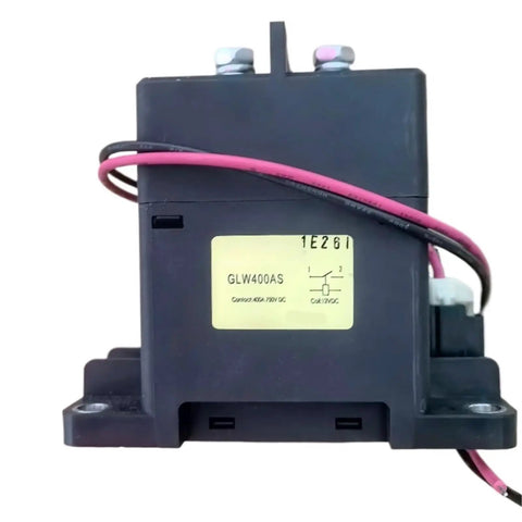 Heavy Duty High Voltage DC Contactor 12 Volt Coil Drop In Replacement 750 Volt 400 Amp Switch top view with wires and label.