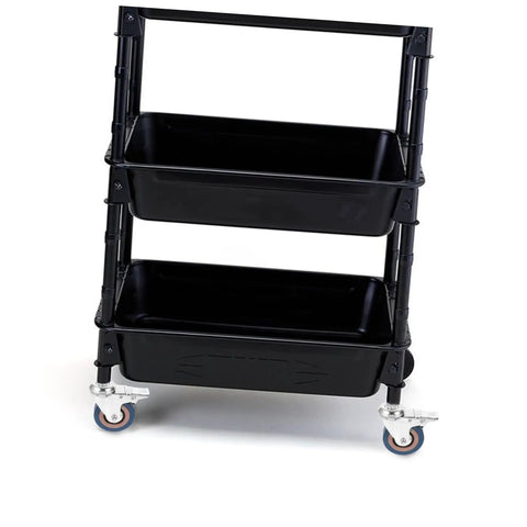 Premium M12x30 Stem PVC Swivel Caster Wheels With Brake 4 Pack on a black utility cart with two bins.