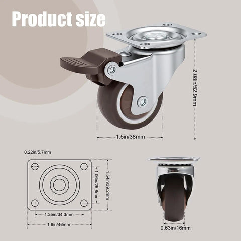 1.5 Inch Rubber Caster Wheels With Brake And Bonus Tools Ultra Smooth Roll Swivel Casters 360 Degree Turning dimensions shown