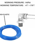 Rock Solid PU Pneumatic Air Hose Kit 6mm OD 4mm ID 10m Length With Connector Elbows Joints For Air Tools Machining Yard Work No Crease Flow Design For Easy Install Works Like A Charm Any Time At Your Shop Or Garage Anywhere. blue PU hose coil with elbow connector, 145 psi