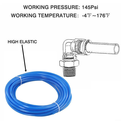 Rock Solid PU Pneumatic Air Hose Kit 6mm OD 4mm ID 10m Length With Connector Elbows Joints For Air Tools Machining Yard Work No Crease Flow Design For Easy Install Works Like A Charm Any Time At Your Shop Or Garage Anywhere. blue PU hose coil with elbow connector, 145 psi