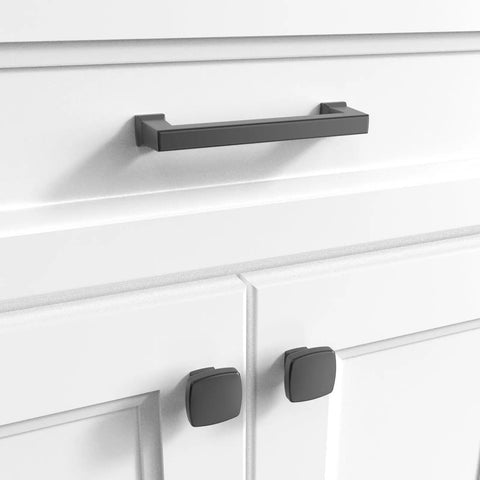 10 Pack Matte Black Door And Drawer Pulls, Four Inch Center To Center Cabinet Hardware for Kitchen and Bath on white cabinet