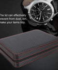 Premium Eight Grid Watch Display Tray With Genuine Leather Exterior And Heavy Duty Divider Plate For Smart Countertop Flex And Scratch Proof Setup To Keep Your Collection Locked In Style on glossy surface with watch.