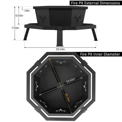 35 Inch Octagonal Outdoor Fire Pit Smokeless Wood Burning Fire Pit For Backyard Patio Camping Garden And Porch Black High Heat Convection Chamber dimensions