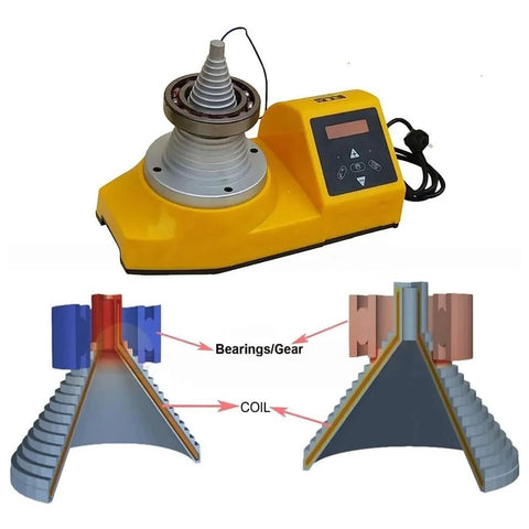 Bearing heater with yellow housing, digital control panel, and cone-shaped heating head