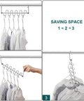 Space Saving Cloth Hangers Set of 12, Heavy Duty Metal Closet Organizer with Magic Hanger System, shown in three positions.