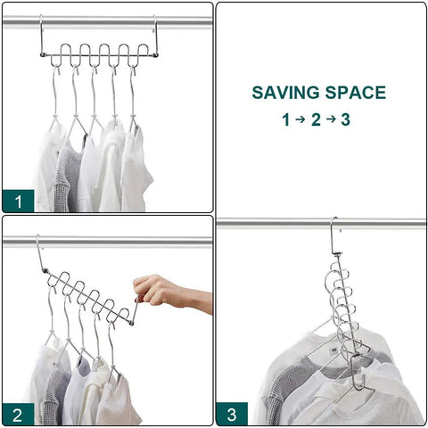Space Saving Cloth Hangers Set of 12, Heavy Duty Metal Closet Organizer with Magic Hanger System, shown in three positions.