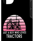 Just A Boy Who Loves Tractors Case For iPhone 15 with pink tractor graphic and quote, Farm Life Vibe Protective Phone Cover