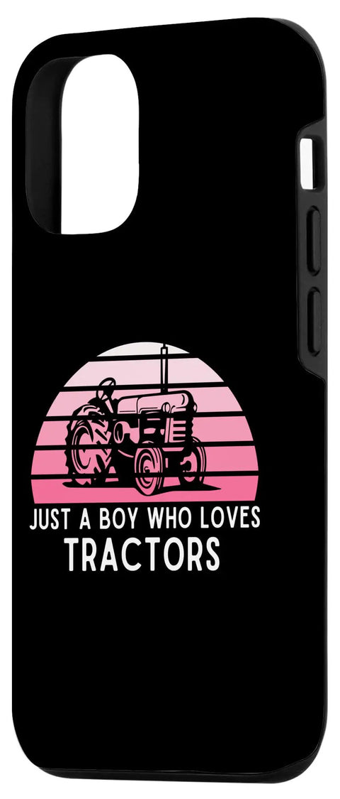 Just A Boy Who Loves Tractors Case For iPhone 15 with pink tractor graphic and quote, Farm Life Vibe Protective Phone Cover