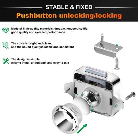 Five Pack Push Button Cabinet Latch Locks for RVs and Home, Keyless Cupboard Catch, Zinc Alloy Silver Finish, displayed with features.