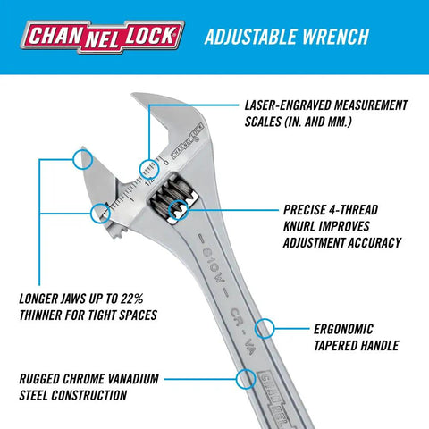 Wide Jaw Adjustable Wrench Set 6 Inch And 10 Inch Chrome Finish Heavy Duty Grips For Big Nuts And Bolts Thinner Jaws For Tight Spaces