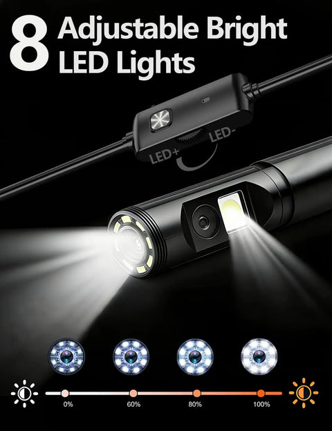 Close-up of 8 adjustable LEDs on the Dope Dual Lens Endoscope With Light 1920P HD Borescope, showcasing brightness levels.
