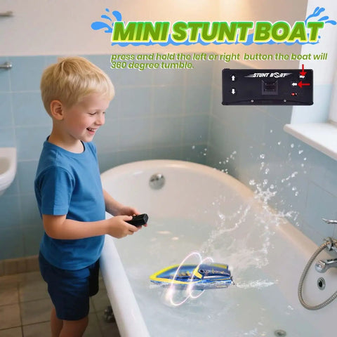Child playing with Mini RC Boat 2.4GHz Remote Control Toy For Pool And Bath, 360 Spin And Steady Grip, in bathtub, blue