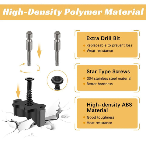High-Density Polymer Material for Heavy Duty Hidden Deck Fasteners, includes star type screws, extra drill bit, and ABS hardware.