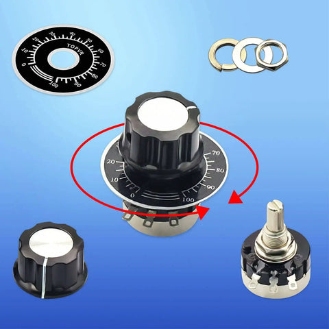 High-Quality 50K Ohm Single Turn Carbon Film Rotary Taper Potentiometer Set with Two A03 Knobs and Two Dials for Smooth Adjustments