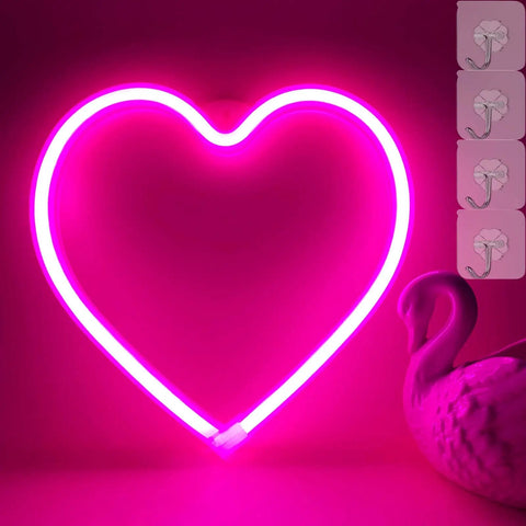 Pink Neon Heart LED Light For Bedroom Or Living Room USB Or Battery Operated Mood Lamp With Four Hooks displayed on wall