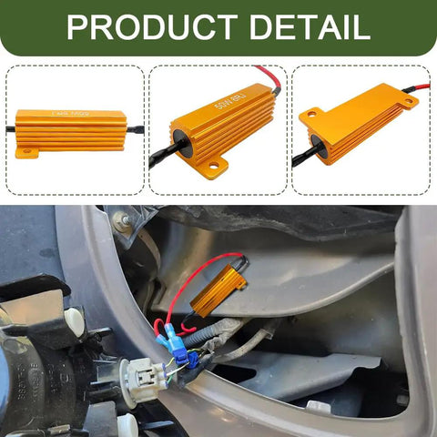Close-up of 2 Pack 50W 6 Ohm LED Turn Signal Load Resistors With Quick Wire Clips Aluminum Shell for fixing hyper flash