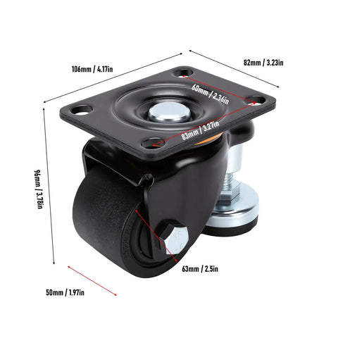 Beefy 2.5 Inch Leveling Swivel Caster Wheels With Adjustable Foot Pad Heavy Duty 550 Kg Load Capacity 1212 Lb 360 Degree Rolling