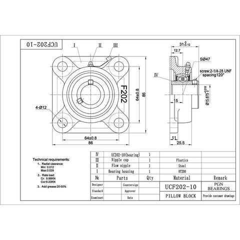 Two Pack Square Flange Bearing With Five Eighth Inch Bore, Ultra Durable Chrome Steel Alloy, UCF Series, Tough As Nails Heavy Duty Industrial Bearing For Machinery, Low Maintenance, High Wear Resistance, technical drawing